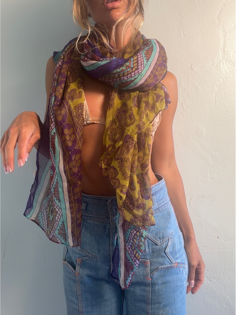 Lightweight Sheer Patterned Scarf in Yellow, Purple, and Turquoise